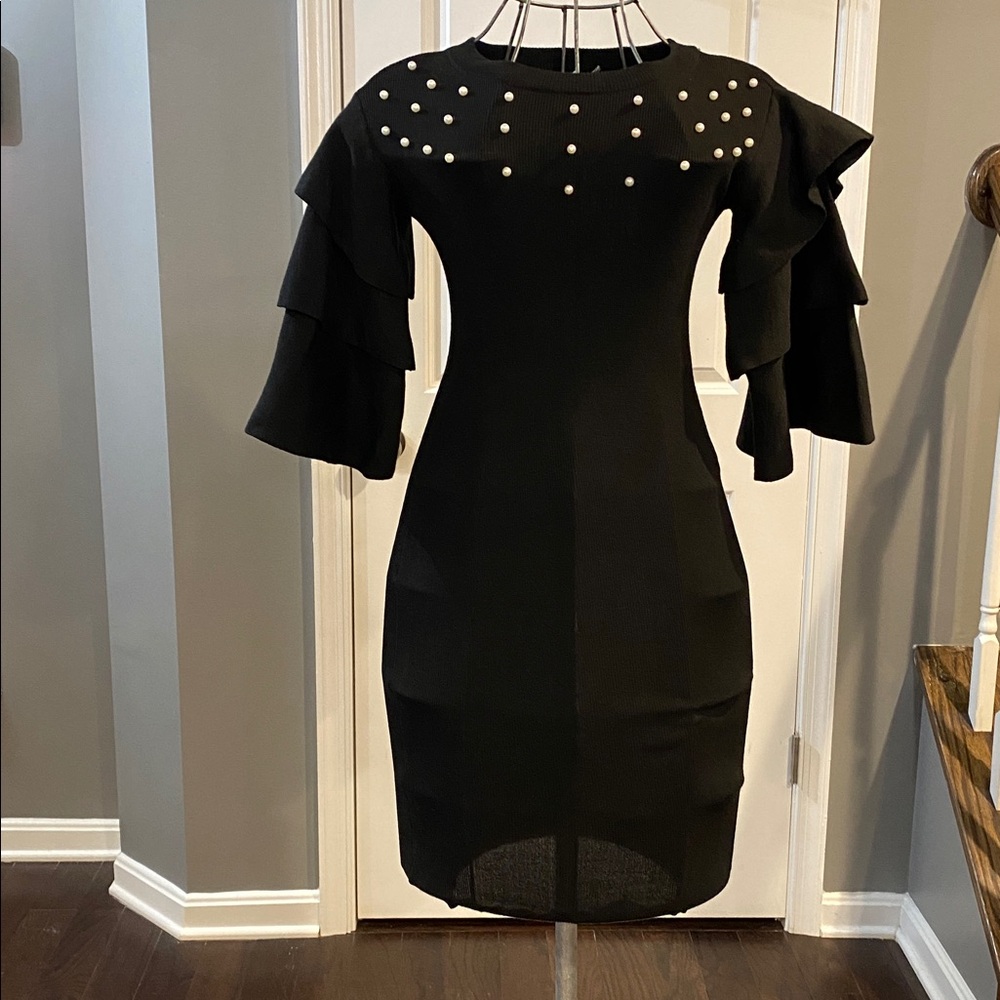 NWT Black Midi Dress with Pearl Embellishments and Ruffle Sleeves